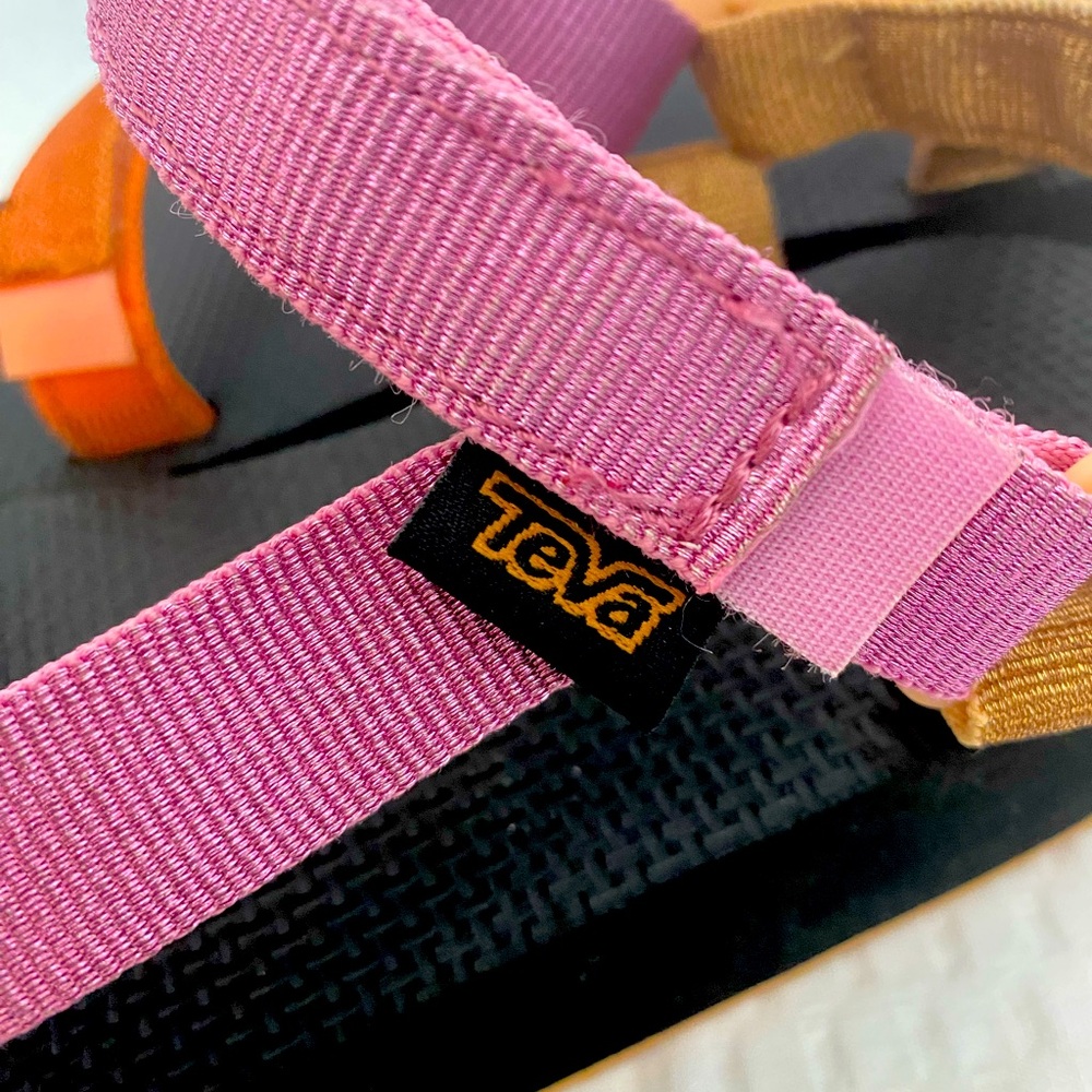 TEVA, kids size 3, midform, metallic, multi color (orange, pink and peach)